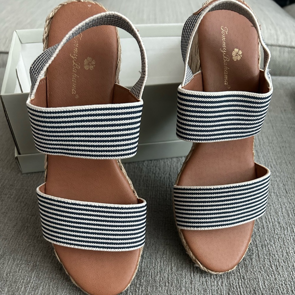 Tommy Bahama Black and White Striped Espadrille Wedge Sandals